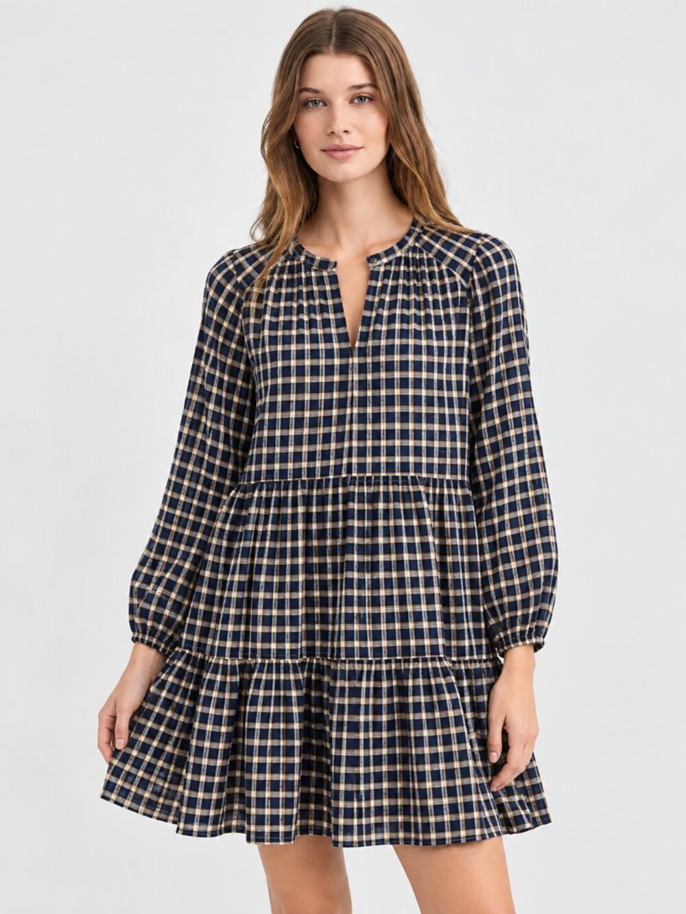 LOFT Whispy Swing Dress Navy Gold Foil Puff Sleeve Size S NWT